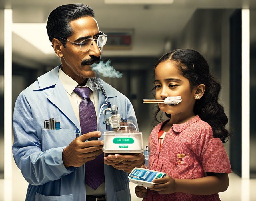 Man in lab coat demonstrates smoking apparatus to young girl in clinical setting