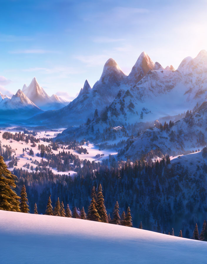 Snow-covered mountains at sunrise with pine forest and valley in snow