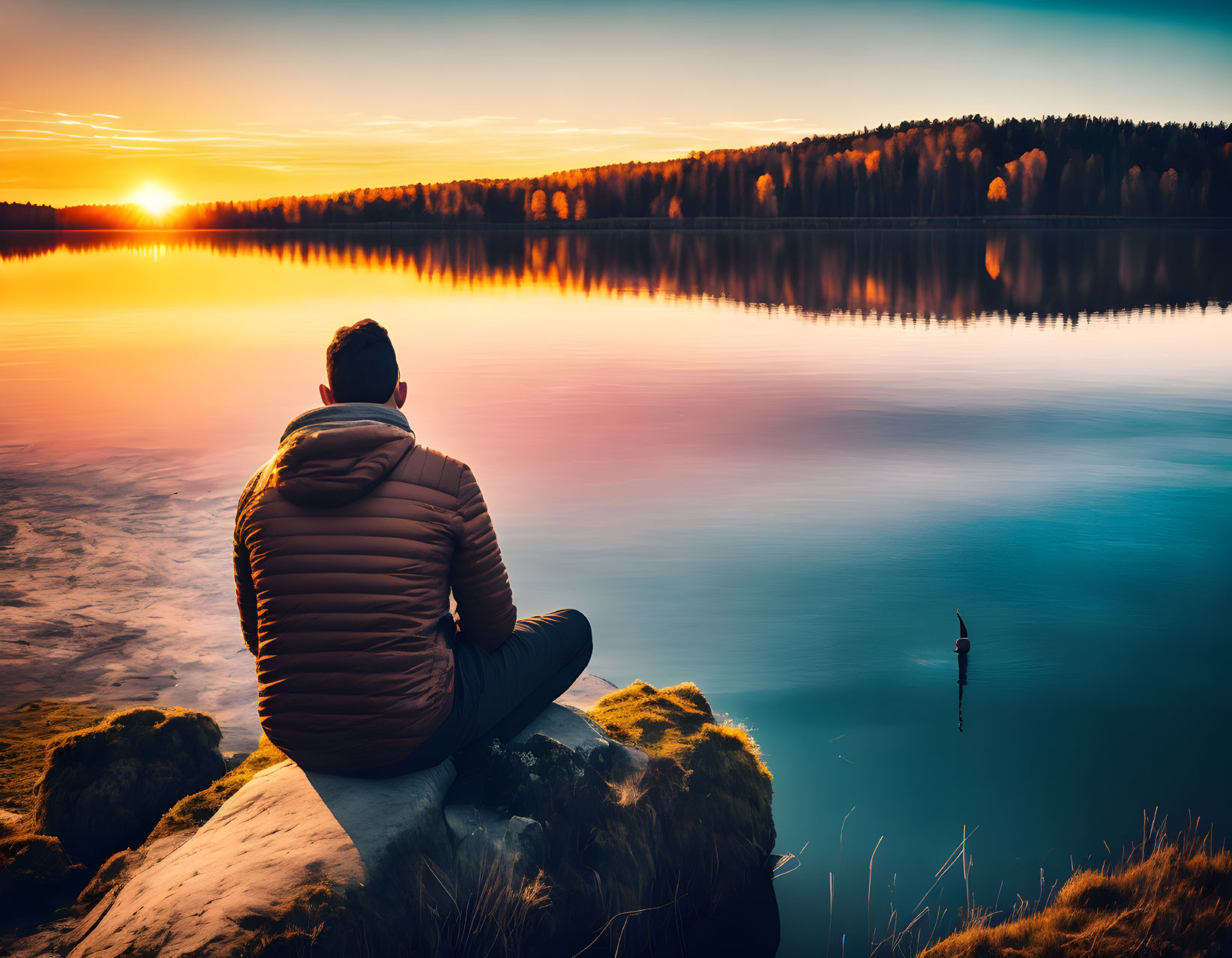 Person sitting on lakeside rock at sunset with autumn trees and gradient sky