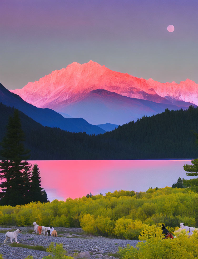 Tranquil lake, moonlit mountains, horses grazing at twilight