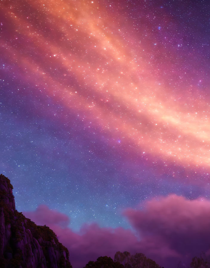 Vibrant purple and pink sky with stars over mountain silhouette