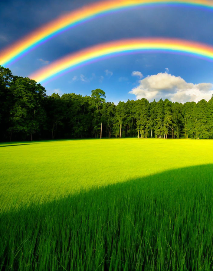 Double Rainbow Over Lush Green Field and Trees