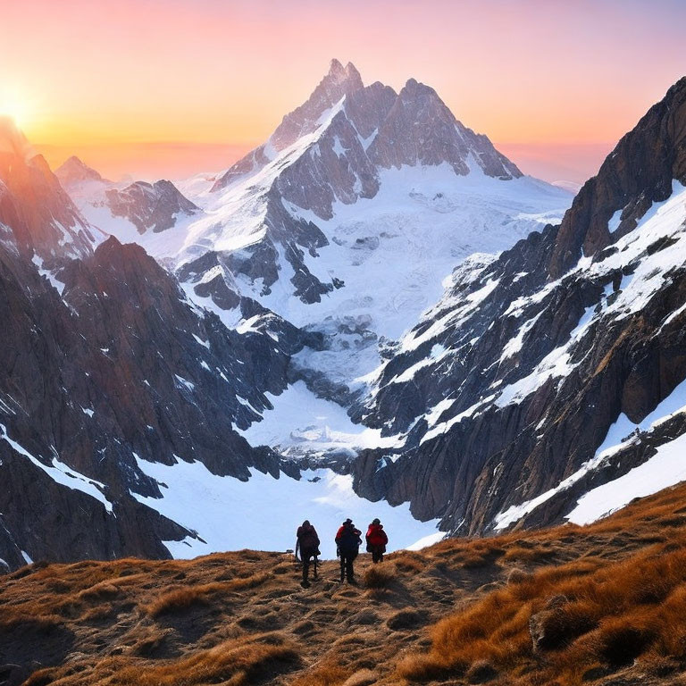 Hikers admiring snow-capped mountain at sunrise