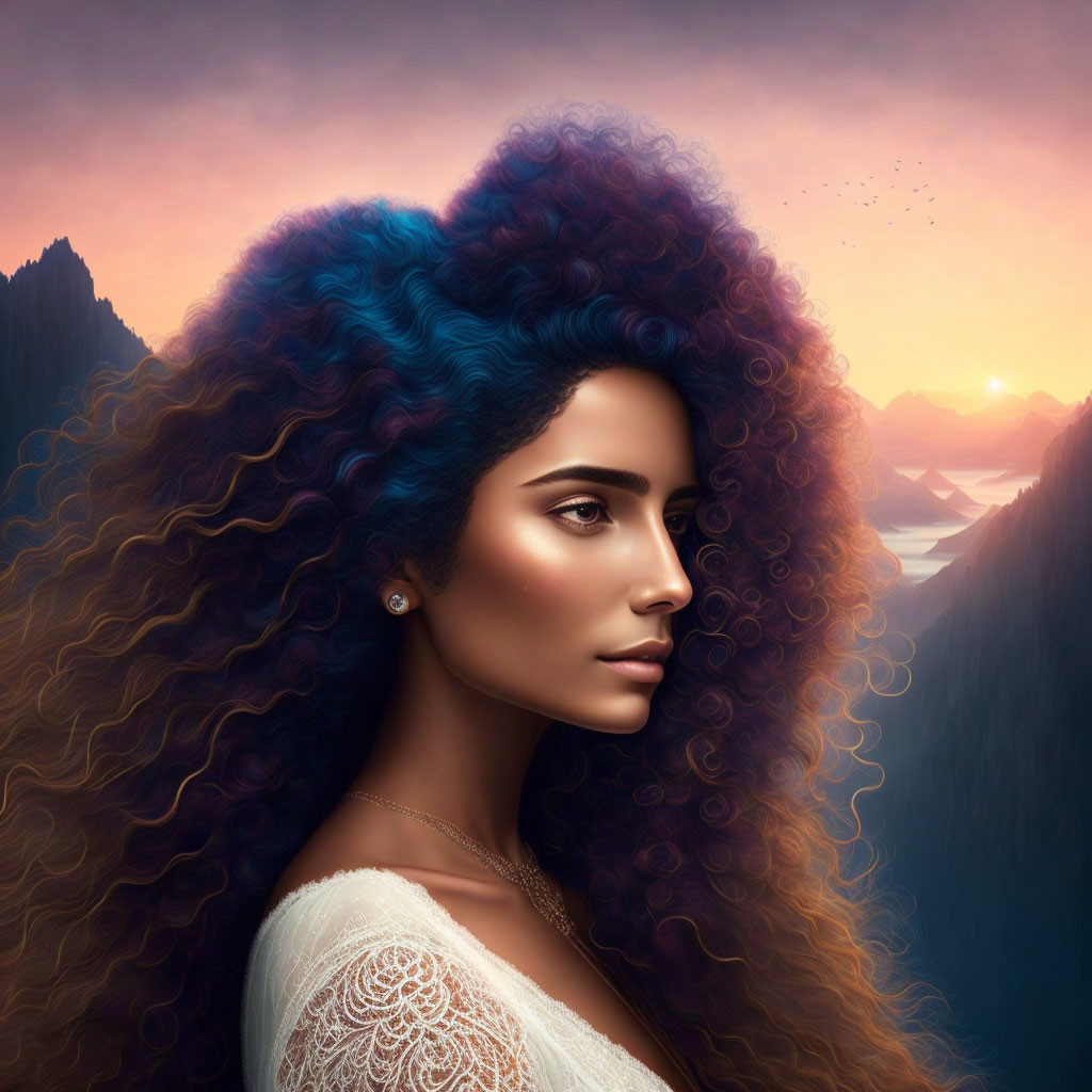 Voluminous curly blue and purple hair woman artwork against mountainous backdrop