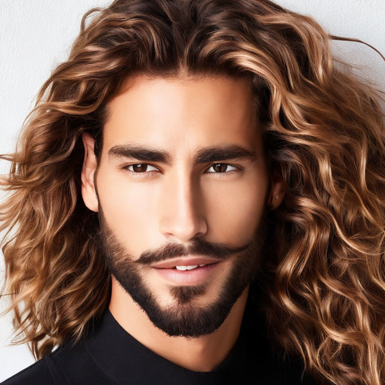 Portrait of man with long wavy hair and stubble in black top