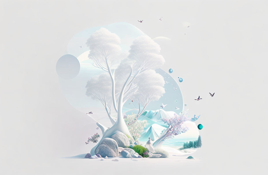 Whimsical tree landscape with rocks, birds, and bubbles under pastel sky