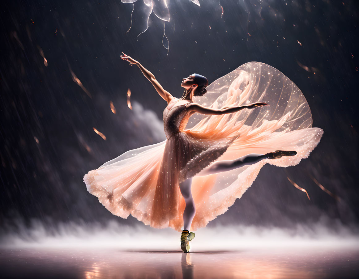 Elegant ballerina in flowing dress on pointe in mystical setting