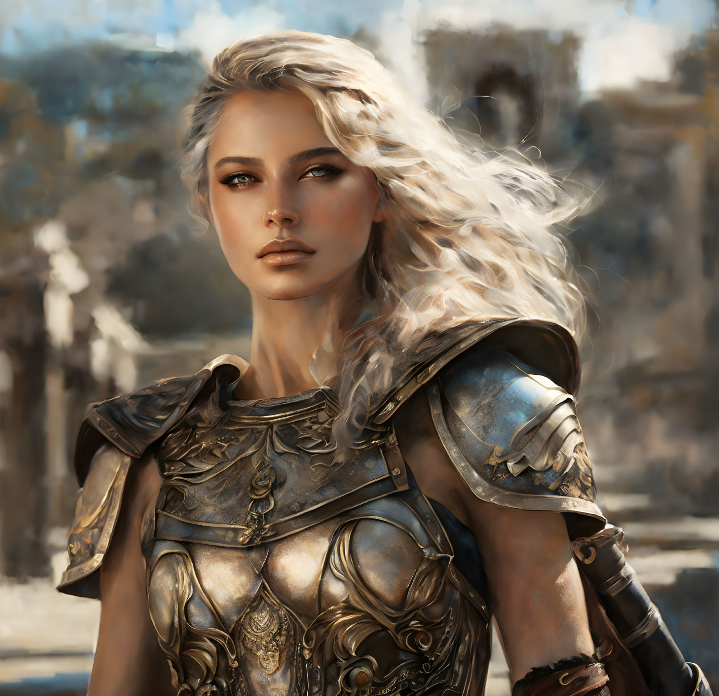 Blonde woman in medieval armor with serious expression in historical setting