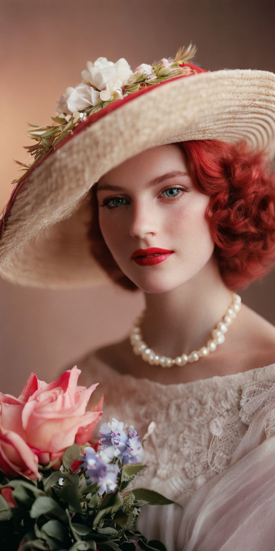 Red-haired woman in straw hat with flowers, pearl necklace, holding bouquet