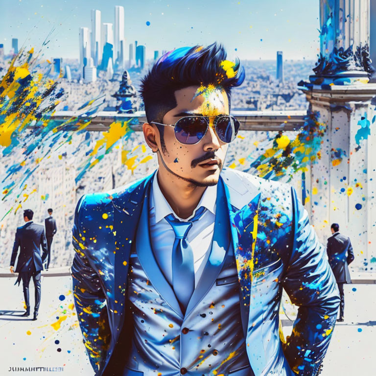 Stylized portrait of a man in sunglasses and sharp suit with splattered paint effect on cityscape