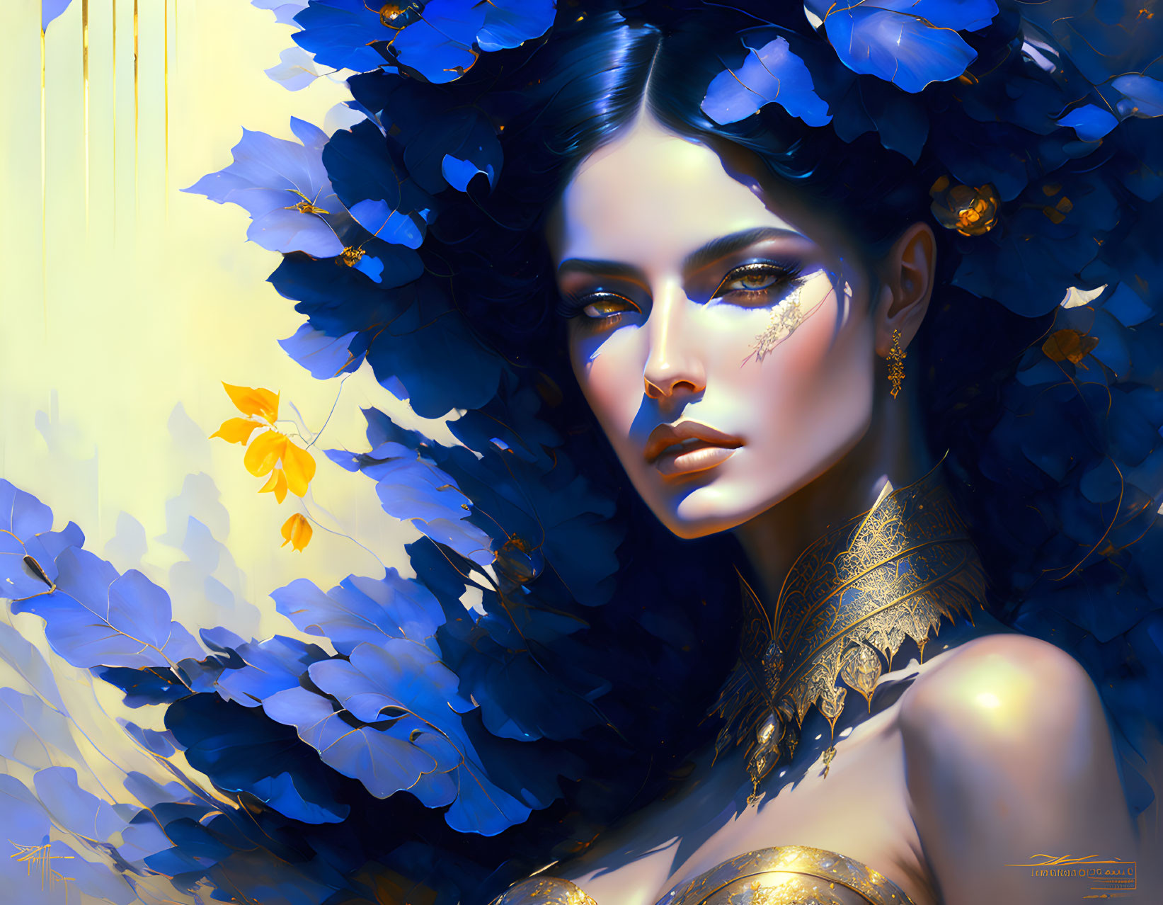 Digital Artwork: Woman with Dark Hair and Blue Flowers