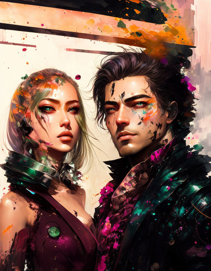 Colorful Stylized Man and Woman Portrait with Paint-Like Splashes