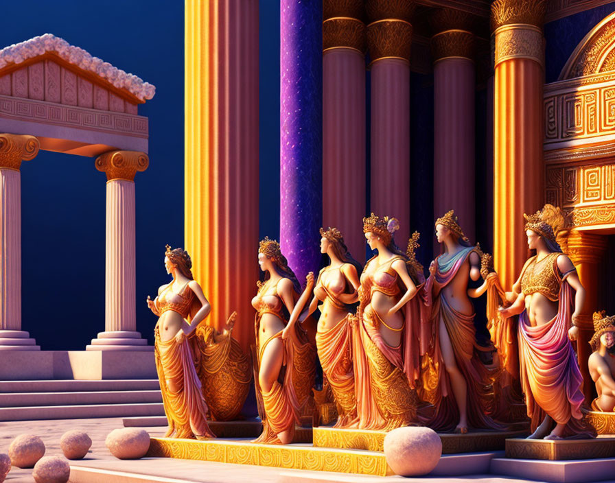 Seven women in traditional Indian attire with ornate jewelry, standing by classical pillars under a starry sky