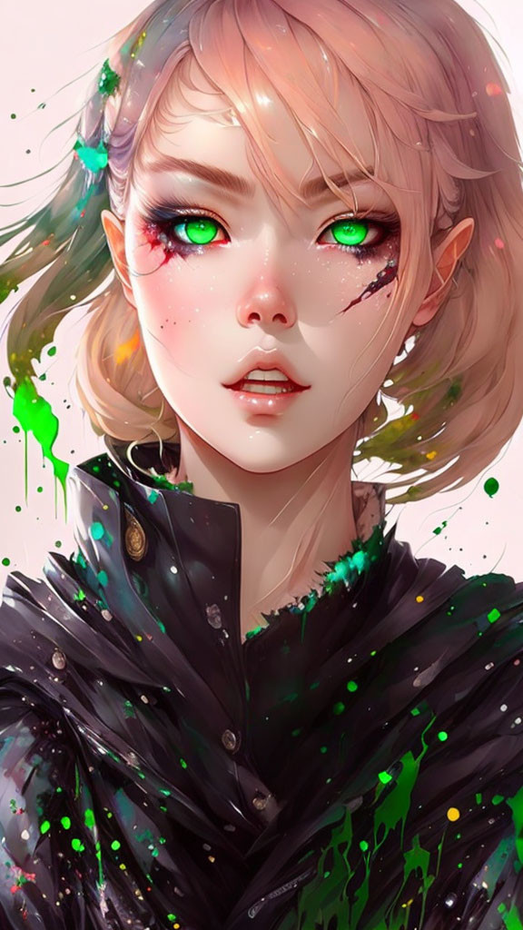 Blonde-Haired Person with Green Eyes and Paint Splashes