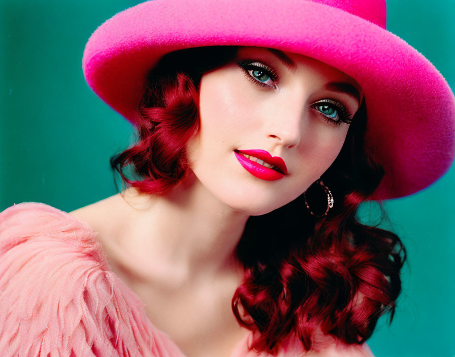 Red-haired woman in pink attire against teal backdrop