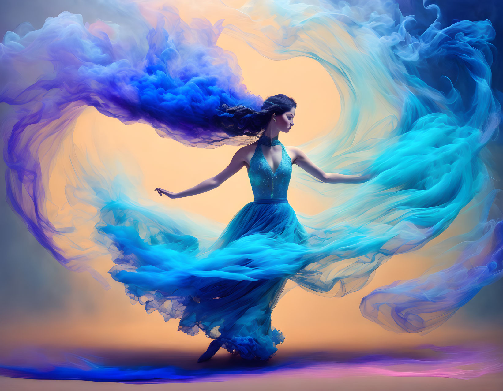 Woman in flowing blue dress surrounded by swirling blue and purple clouds