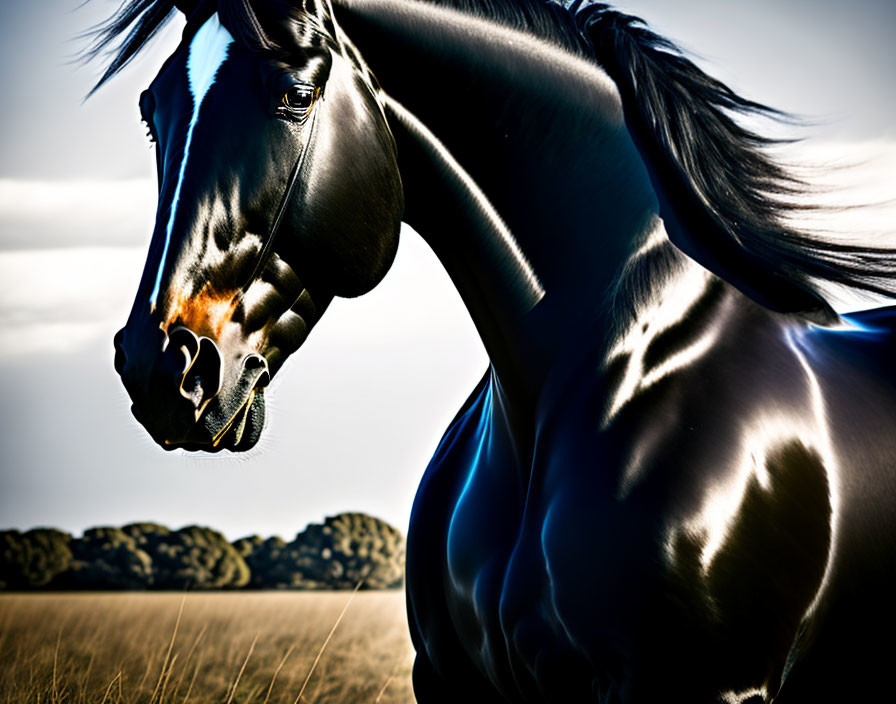 Black Horse Close-Up: Muscular Physique in Sunlight