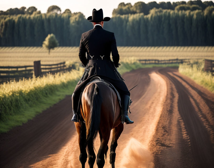 Cowboy riding horse on dusty road through green fields under soft-lit sky