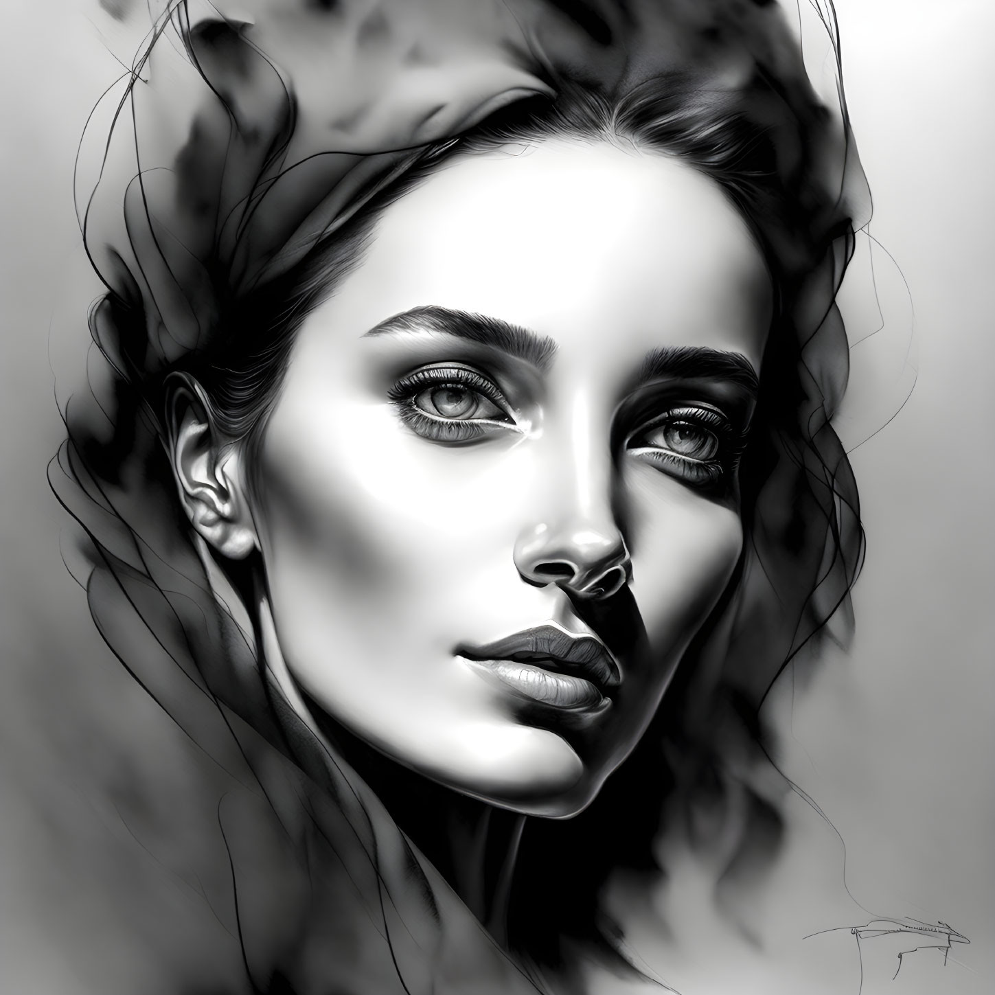 Monochrome digital portrait of a woman with wavy hair and intense gaze.