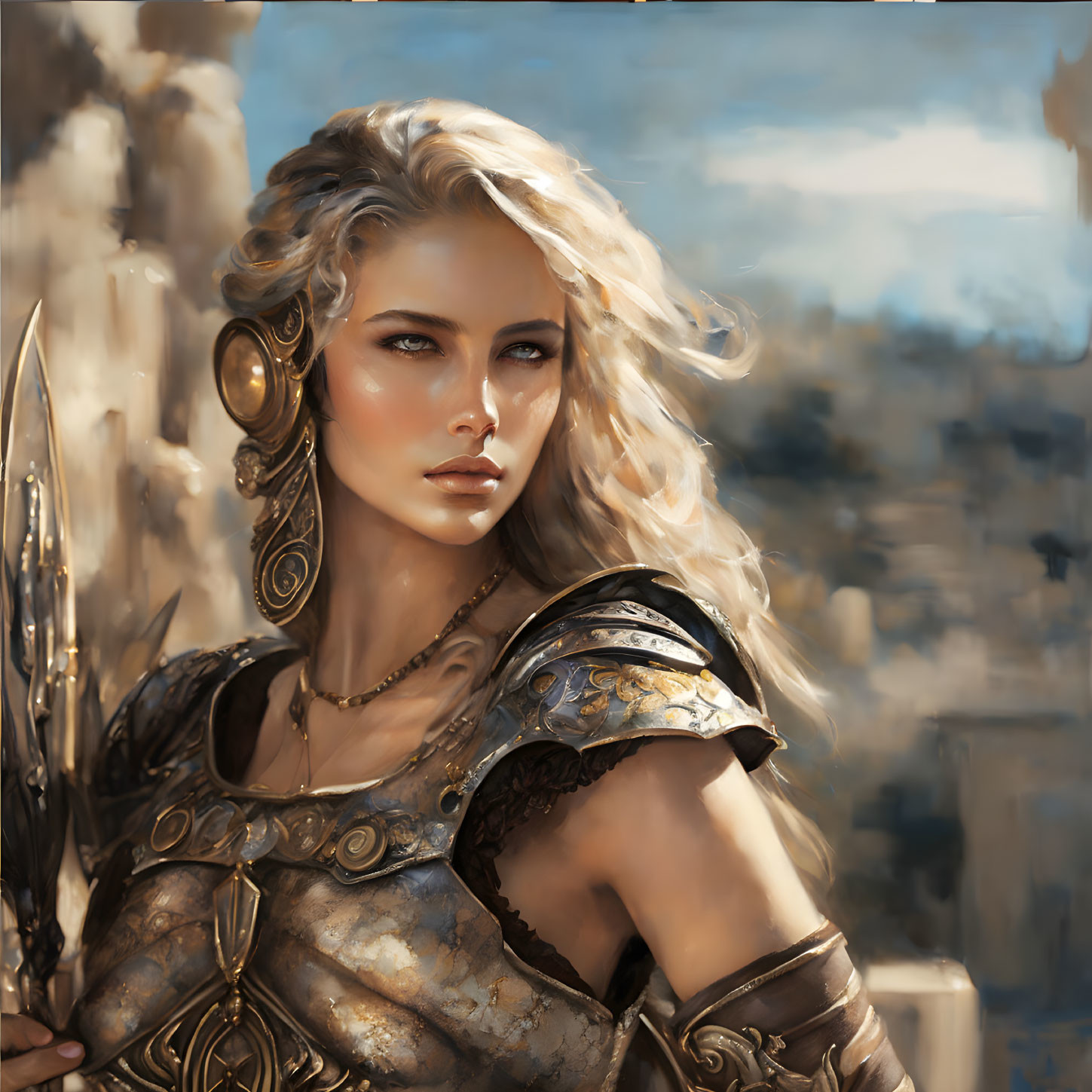 Warrior woman with golden hair and spear in ancient city under sunlight