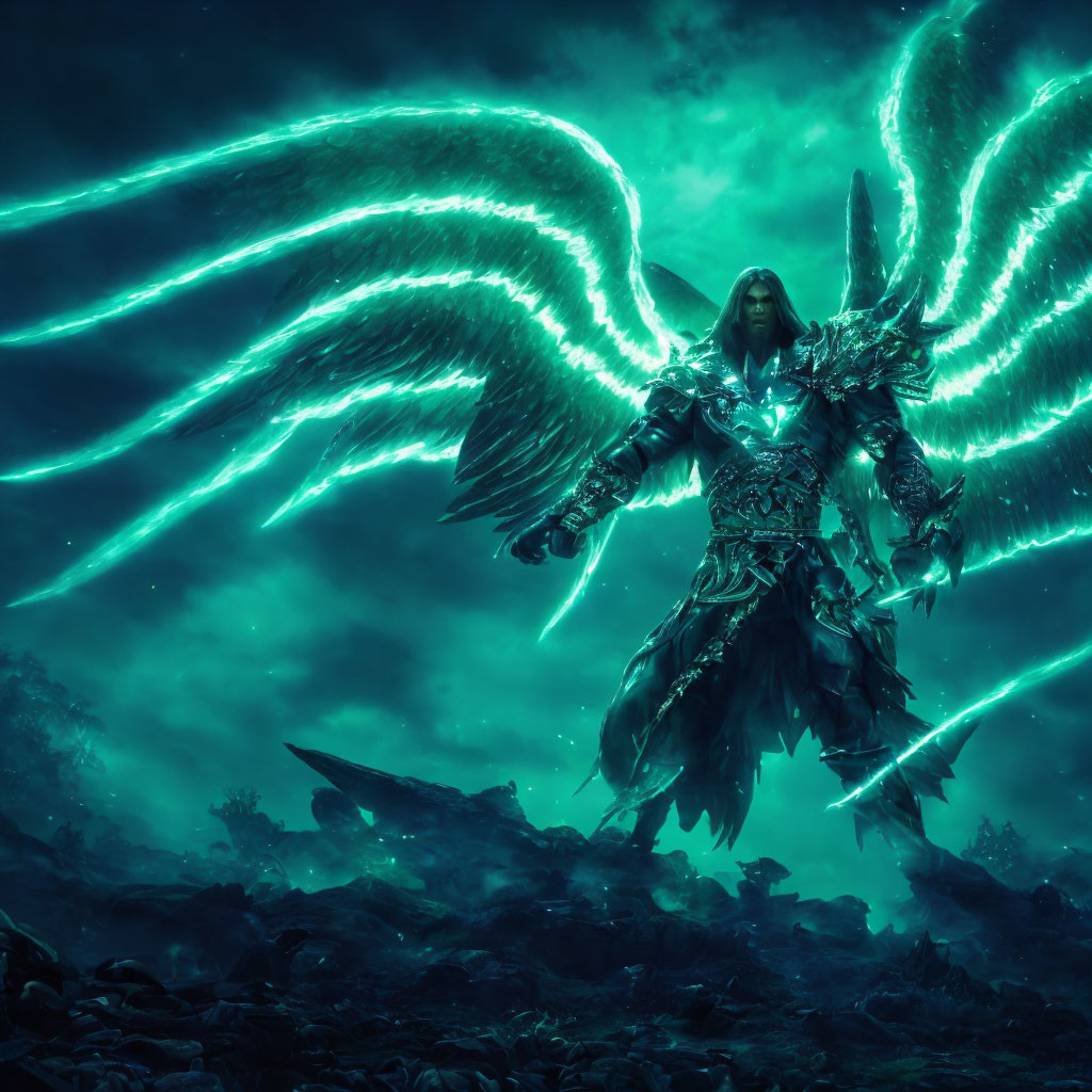 Luminescent-winged figure in armored attire amid dark ruins under teal sky