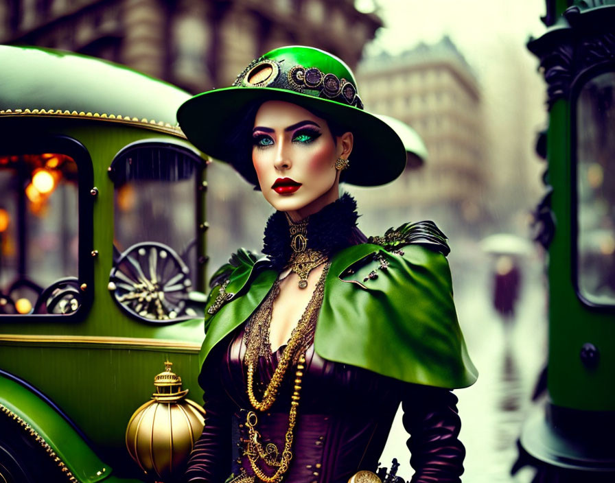 Victorian woman in green hat and coat by vintage tram