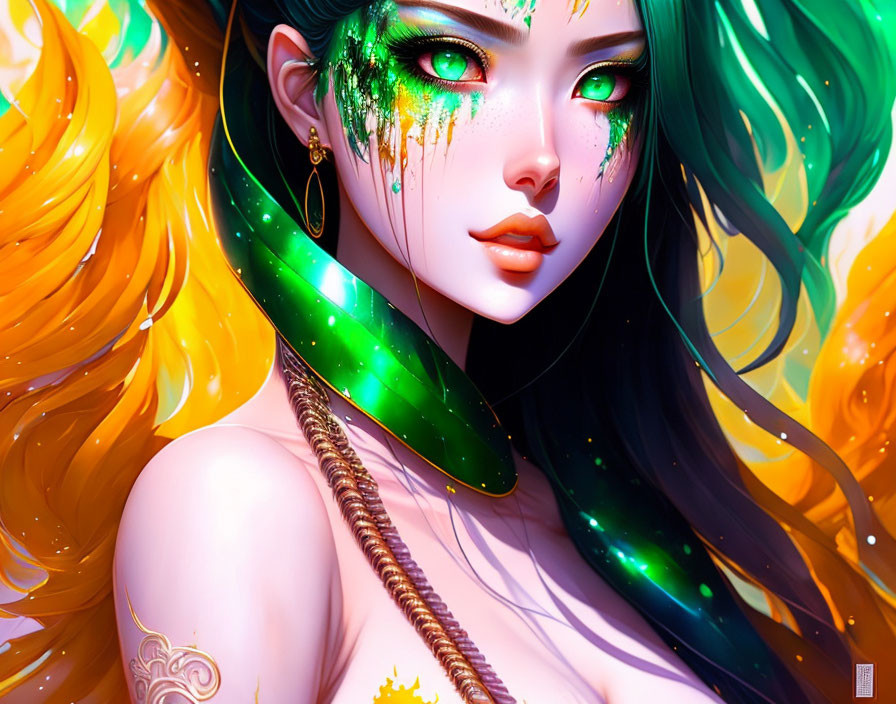 Colorful illustration of a female with emerald green eyes, swirling hair, and gold accents