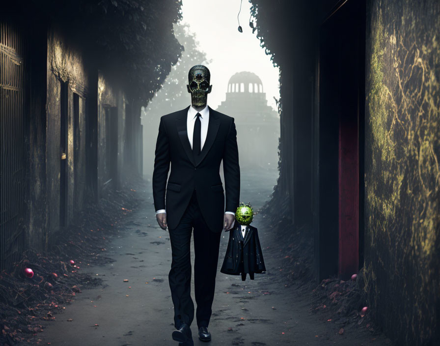 Skull mask person in black suit holding helmet and flowers in misty alley