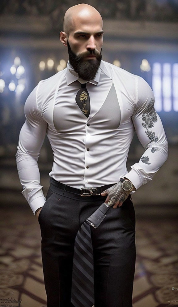 Digital artwork of a muscular man with tattoos, bald head, beard, white shirt, and gun