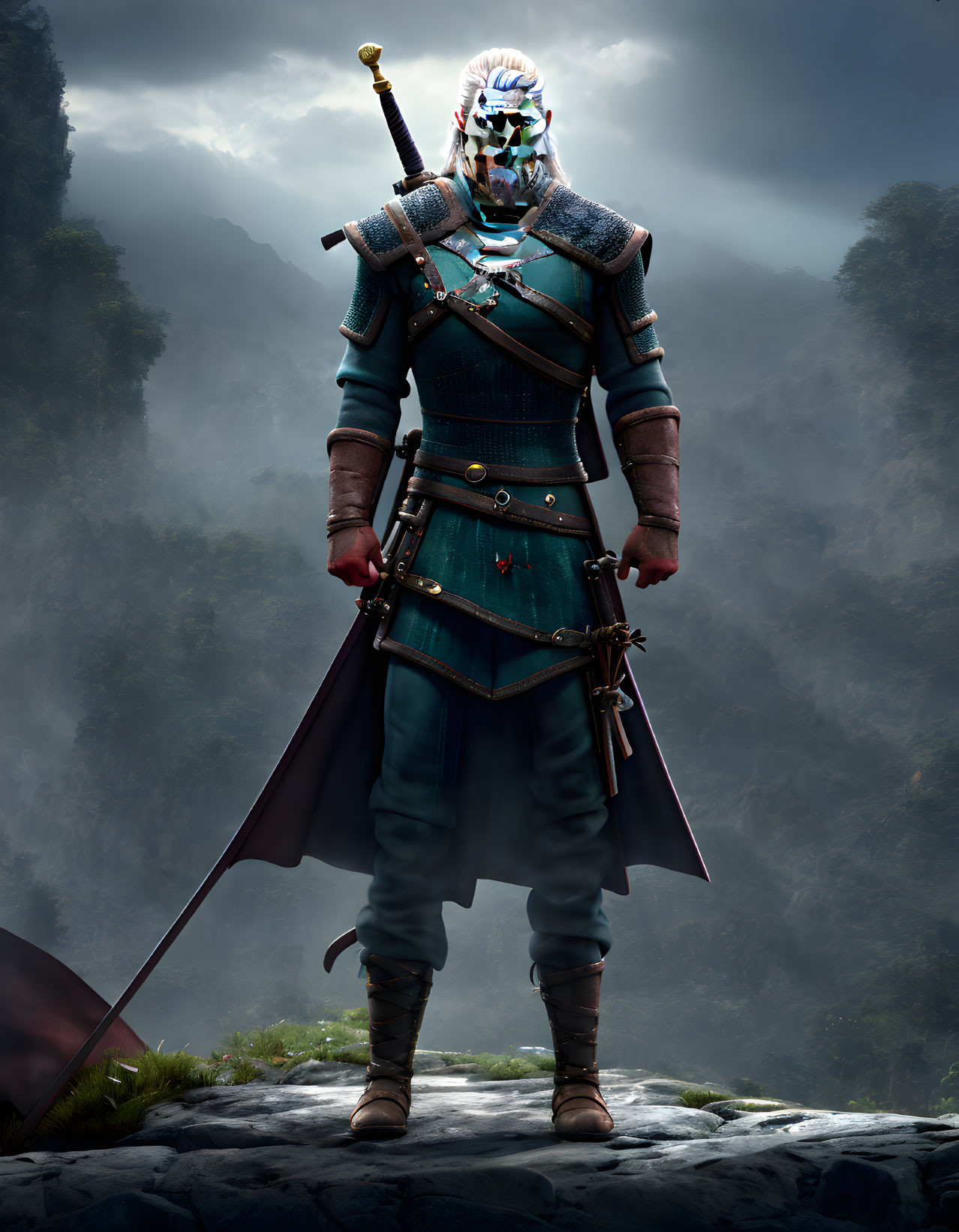 Warrior in ornate armor with blue and white battle mask on misty mountain cliff