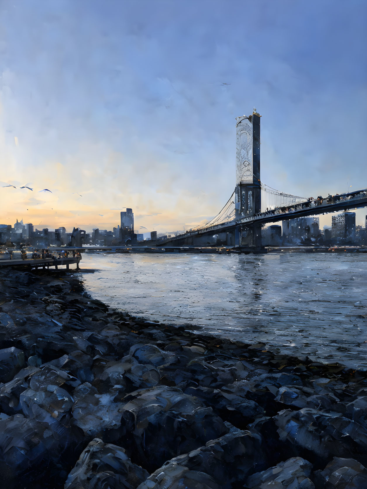 Cityscape painting: Decorative bridge over river, cloudy sky, birds, light, rocky shoreline