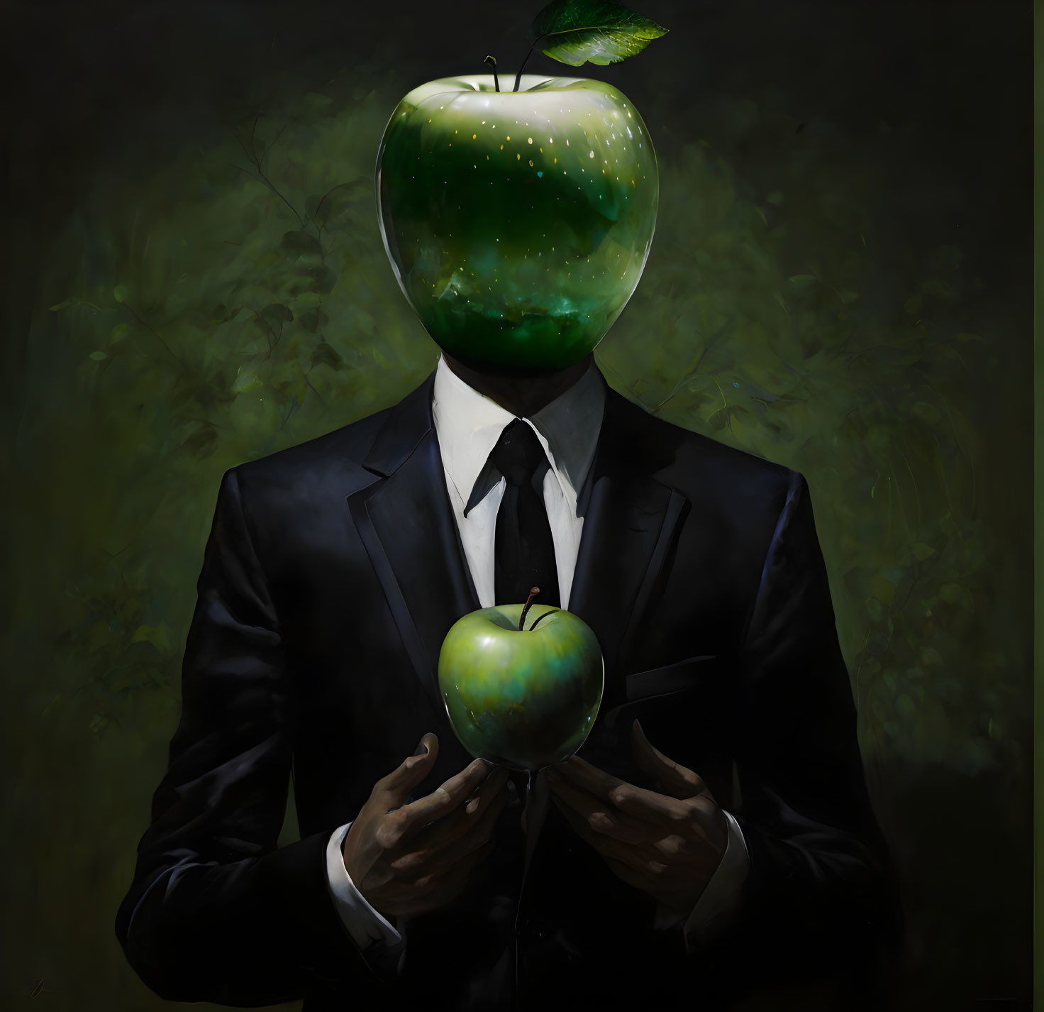 Black suit figure with shiny green apple head holding smaller apple.