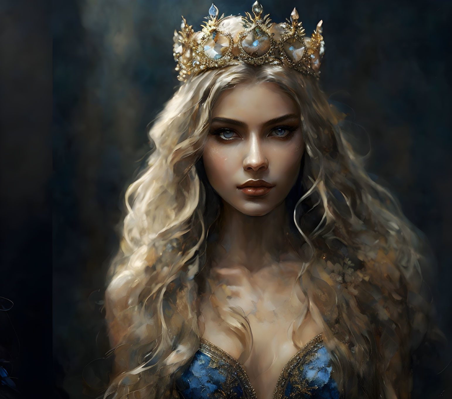 Piercing blue eyes and golden crown on regal woman in blurred background