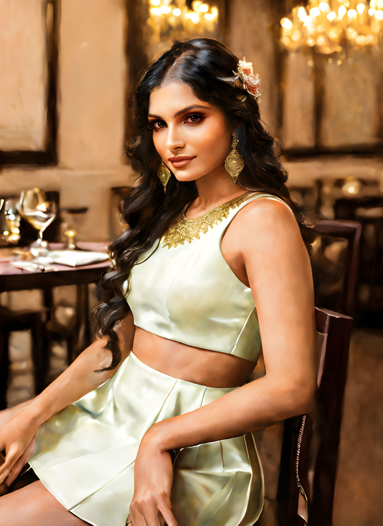 Elegant woman in jewelry sitting in luxurious room