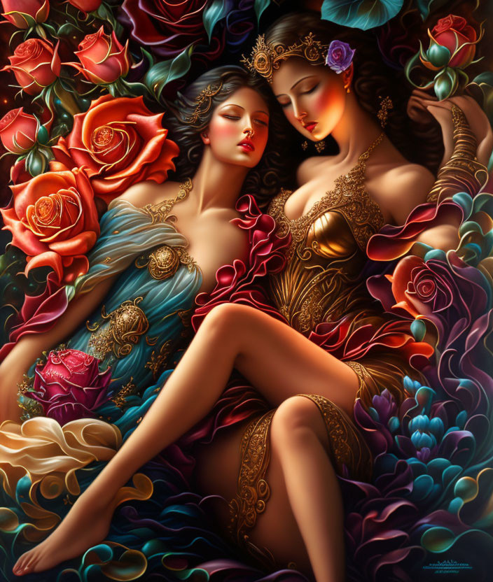 Two women in ornate garments surrounded by vibrant roses.