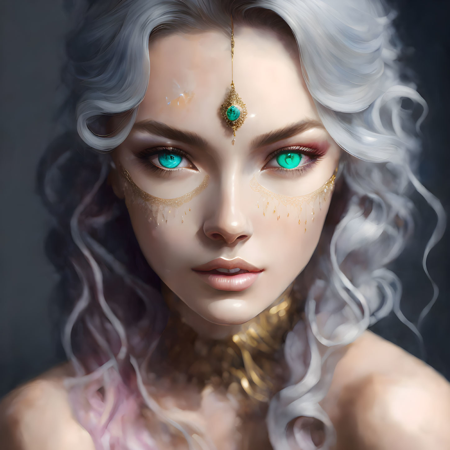 Digital portrait featuring woman with green eyes, white hair, and gold adornments