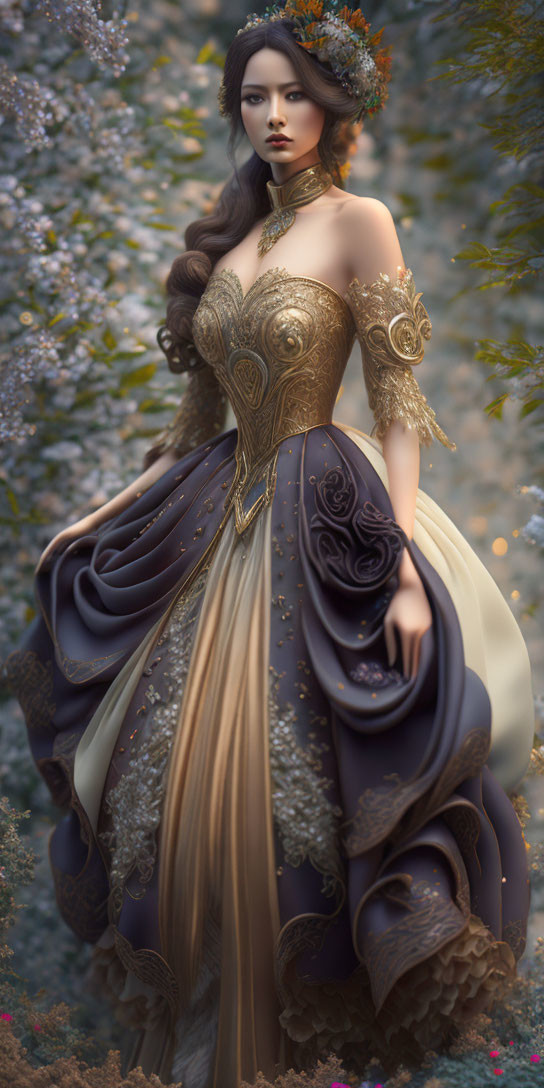 Fantasy-style digital artwork of a woman in a gown with gold details and a floral crown against eth