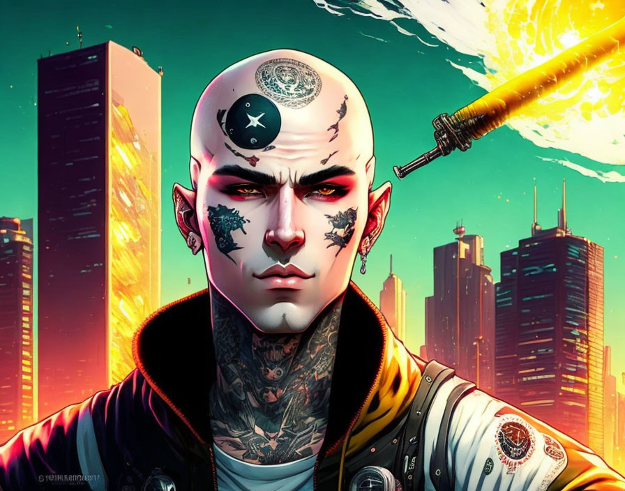 Bald character with facial tattoos in yellow jacket in futuristic cityscape with firing spaceship