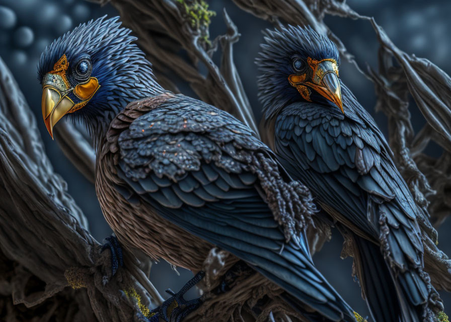 Dark-feathered birds with orange beaks and blue eyes perched on gnarled branches.