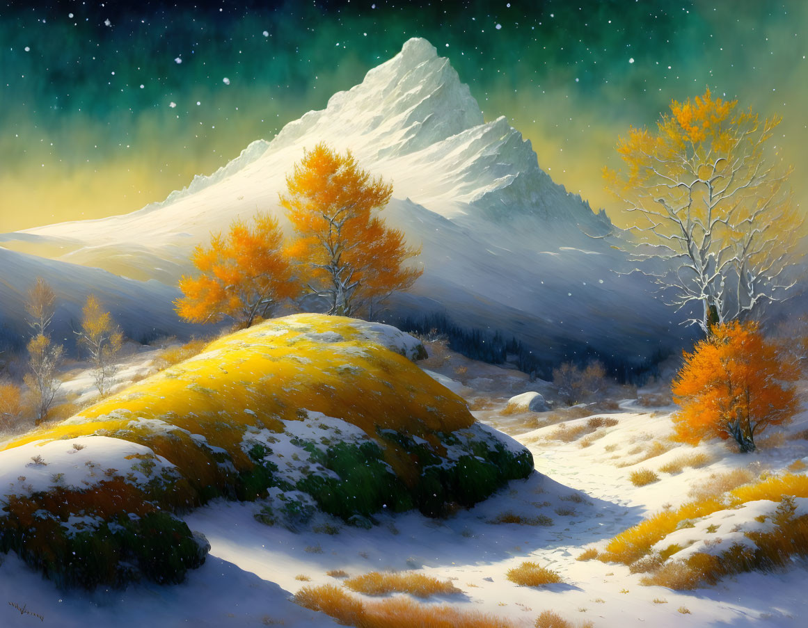 Snow-covered mountain under starry sky with golden-orange trees in serene winter landscape