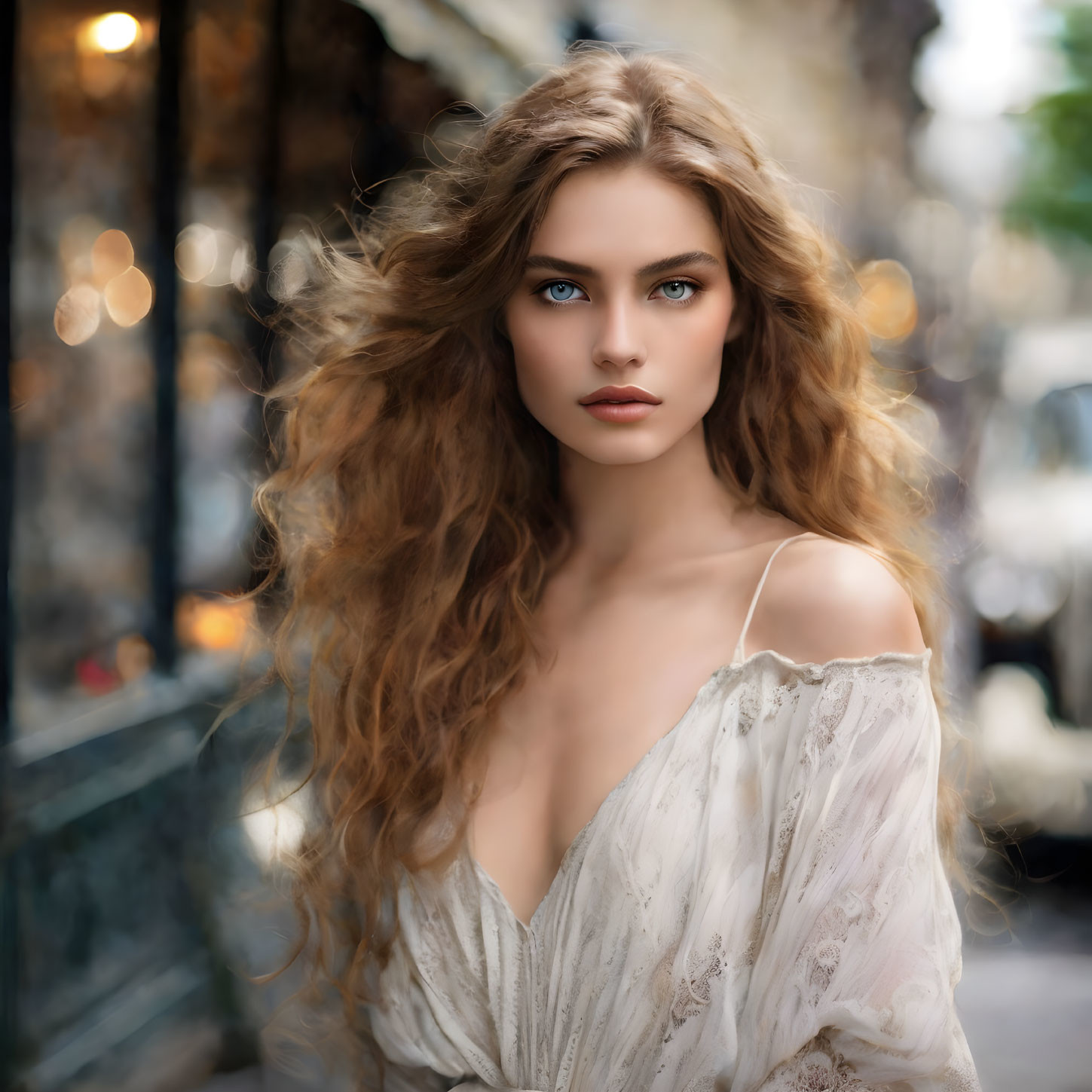 Curly-haired woman in off-shoulder top with blue eyes against urban backdrop