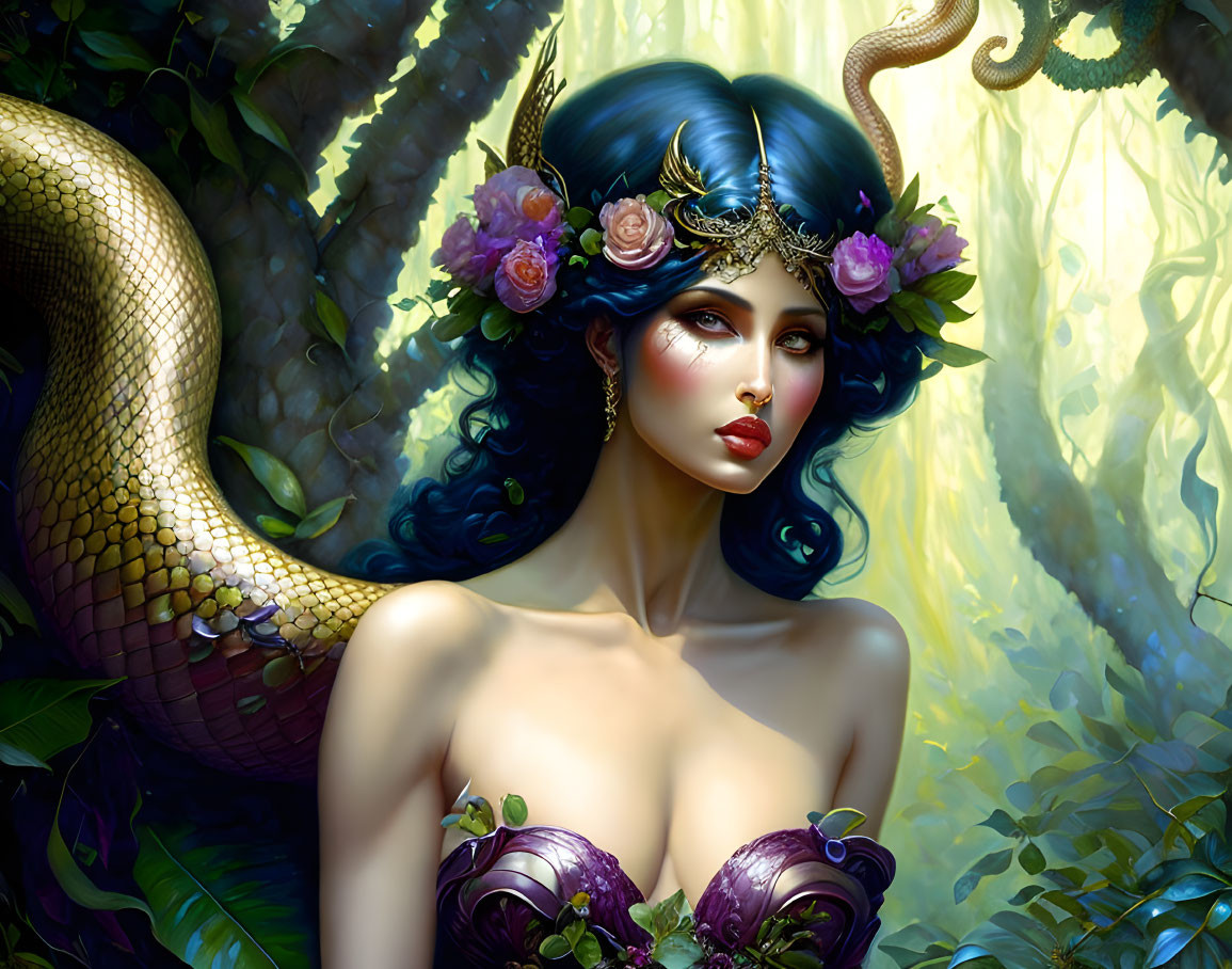 Fantastical portrait of woman with blue hair and floral crown in mystical forest