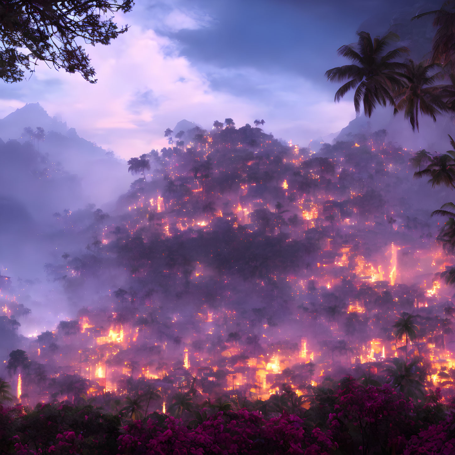 Mystical landscape: illuminated temples in lush forest at twilight