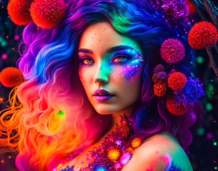 Colorful portrait of woman with multicolored hair and neon makeup in cosmic setting.