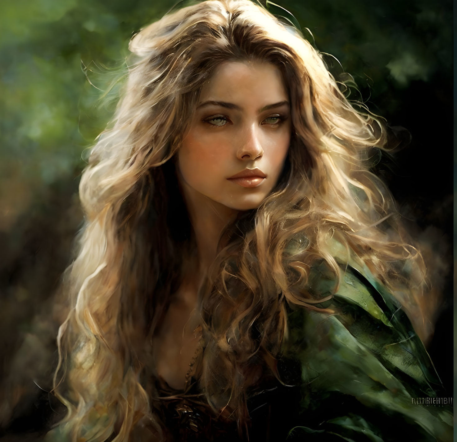 Blonde woman with long hair in digital painting