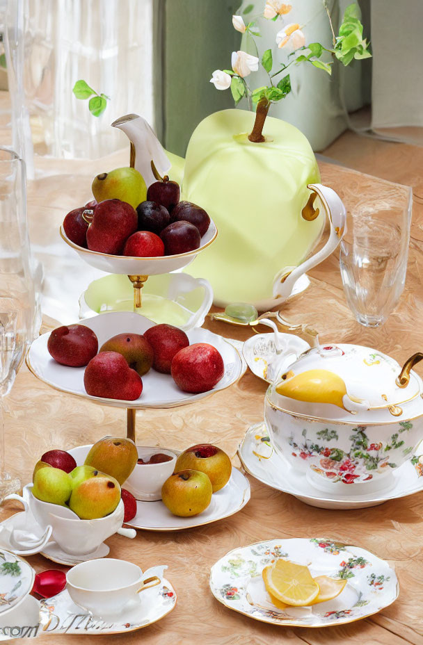 Three-tiered fruit stand, apple vase, teapot, cups, saucers, and lemon