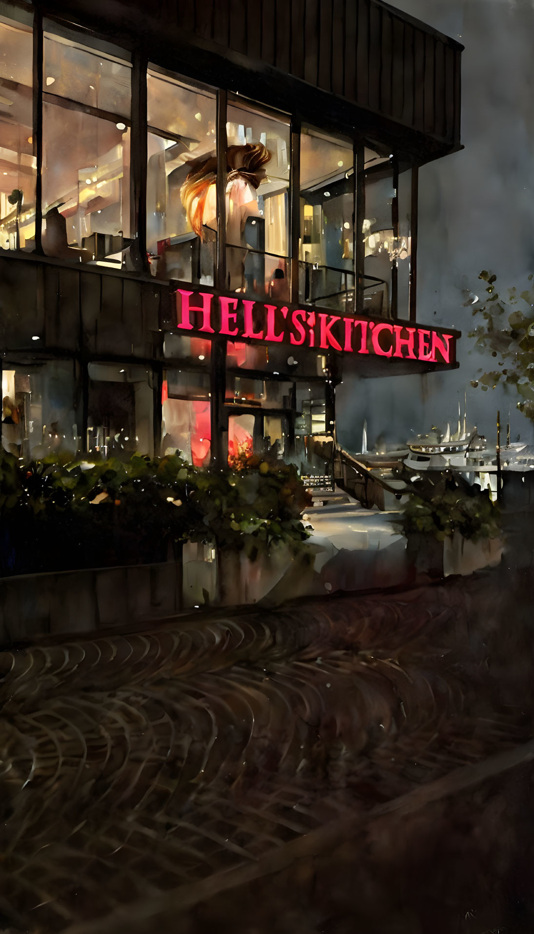 Nighttime painting of Hell's Kitchen restaurant with warm lighting and red sign