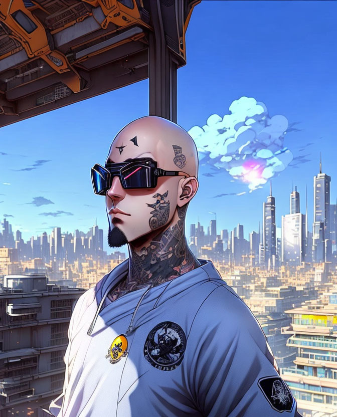 Bald tattooed man in sunglasses with futuristic cityscape and flying vehicle.