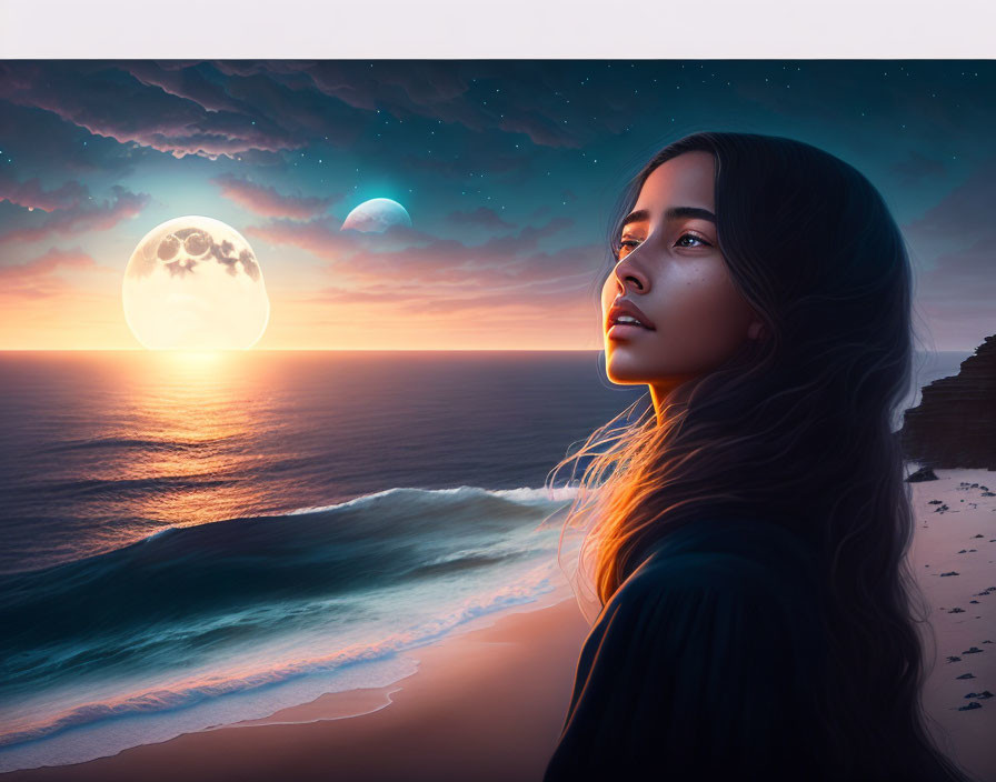 Digital artwork: Woman admiring dual-moon sunset over calm ocean