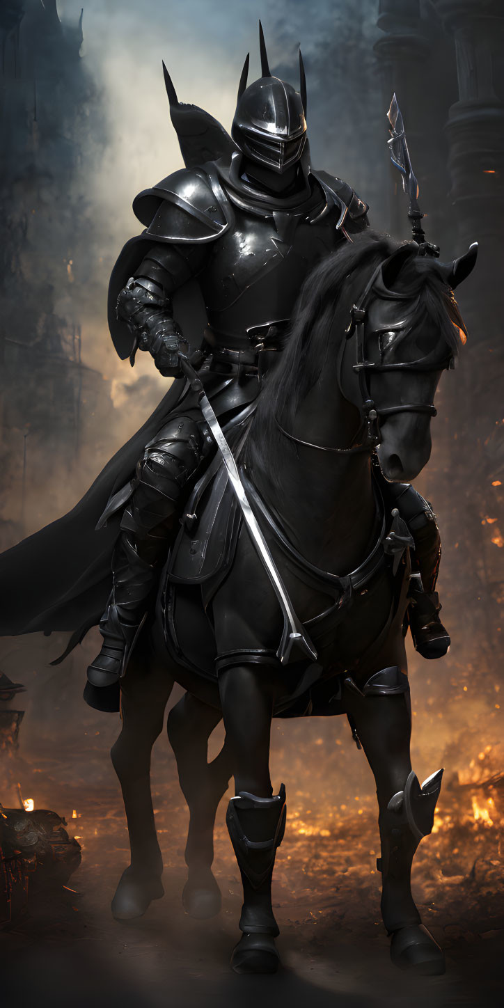 Armored knight on horse in fiery battlefield.